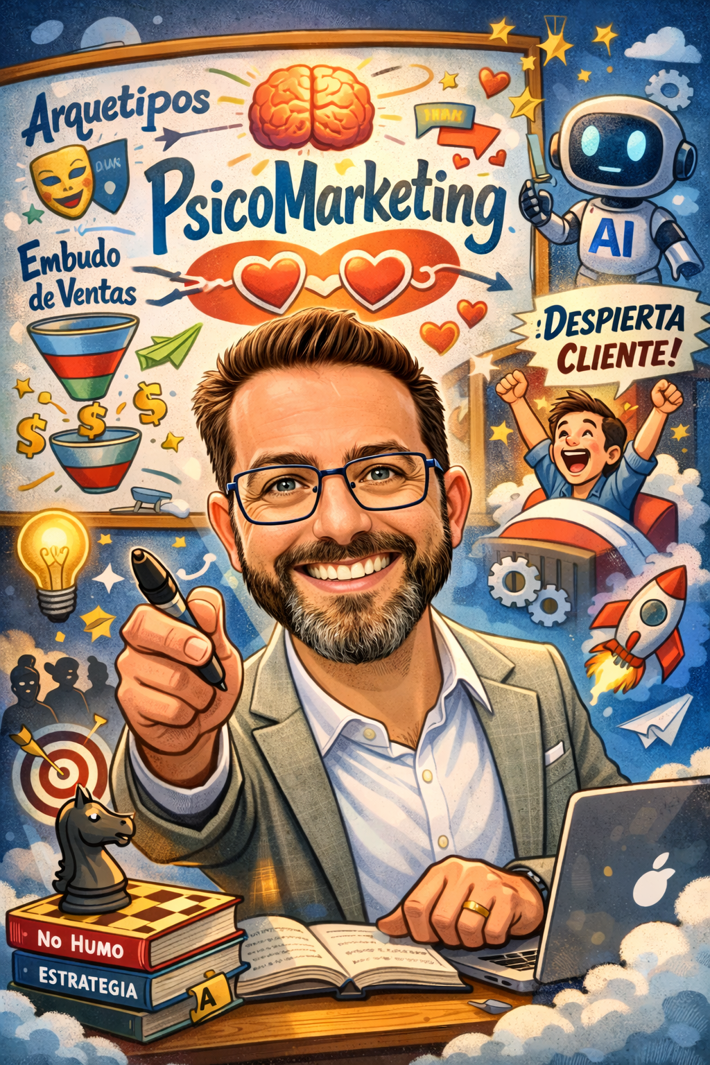 👉 David Labrador explicando psicomarketing y estrategia de negocio en una ilustración creativa sobre marketing con humanidad